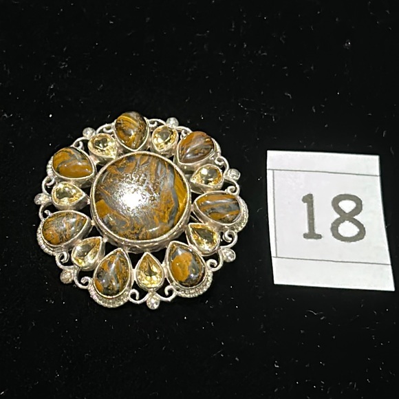 #18 Vintage Himalayan Gems Jasper & Citrine Brooch in 925 Silver - Picture 8 of 8